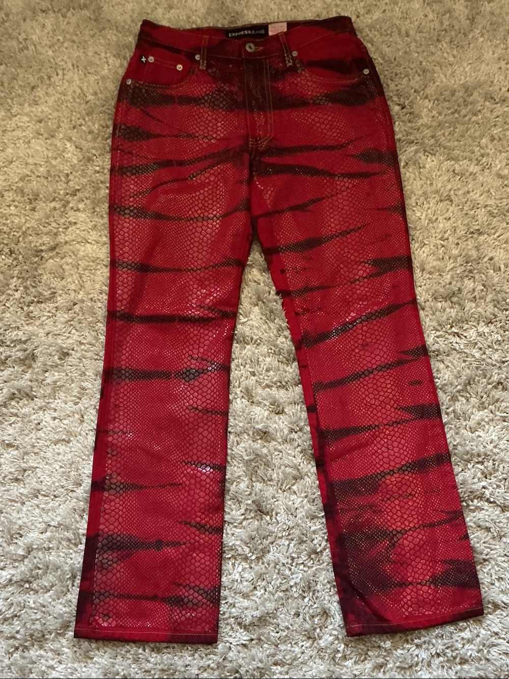 Vintage Y2K Express Red Boot-Cut Jeans with Tiger Stripes & Snakeskin Texture